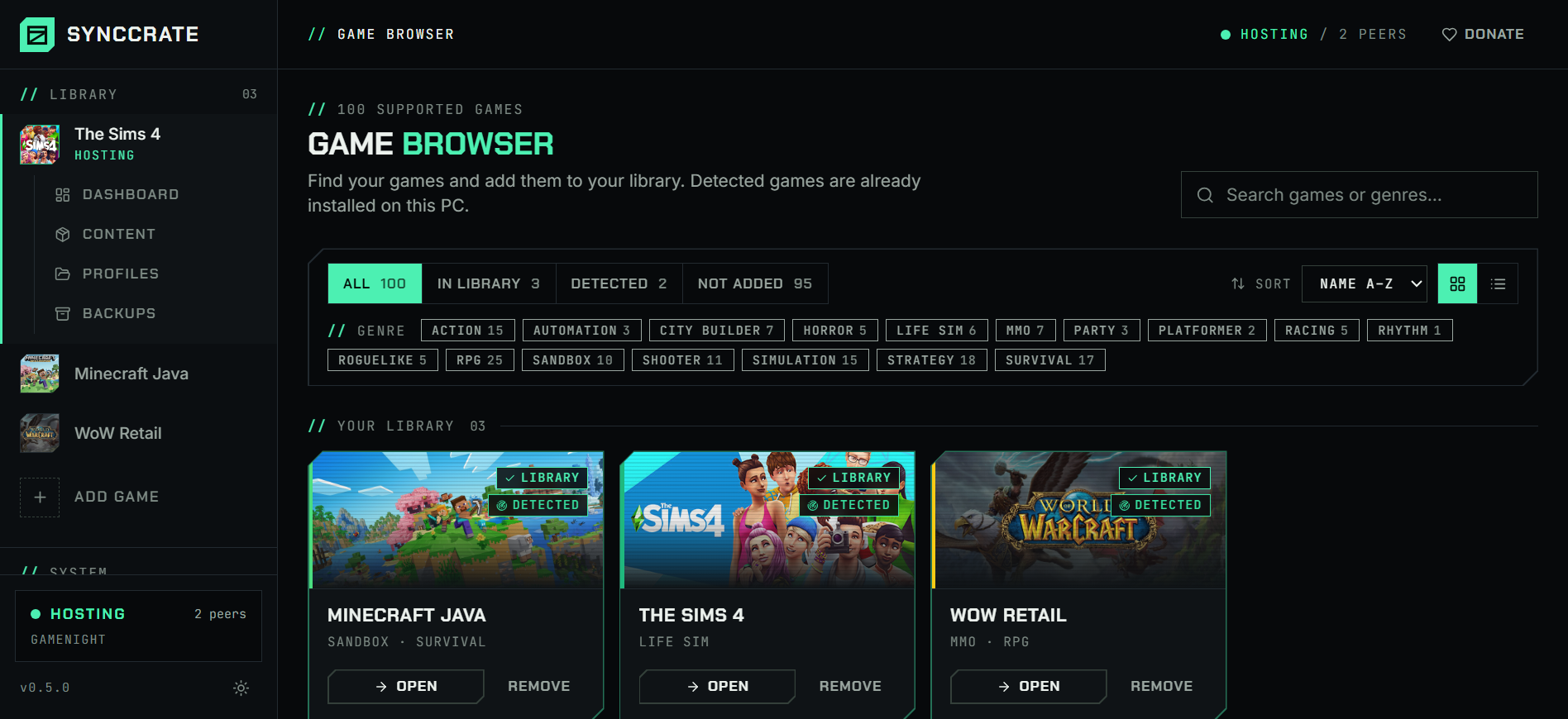 Game browser with official box art, genre filters and status tabs